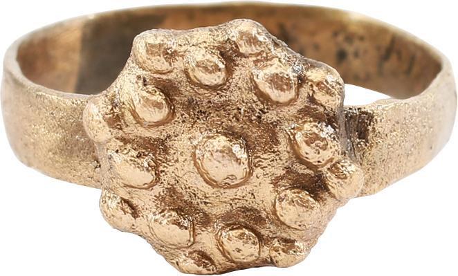 ANCIENT GREAT PLAGUE OF LONDON RING SZ 7 ½ JEWELRY: 17th century, English. Revolutionary in its construction with the 3.4mm band of rolled brass/bronze, with a pattern imparted by the roller. The bronze flower bud top cast separately and the two joined
