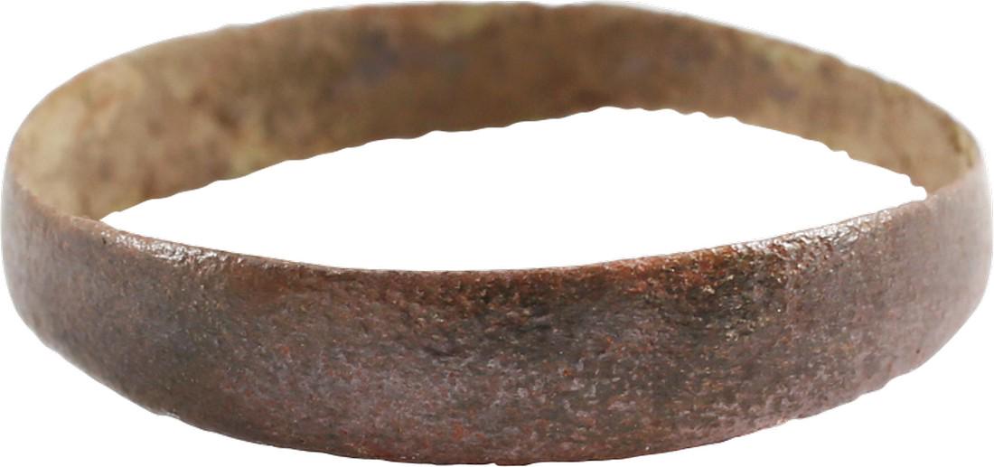 VIKING MAN’S WEDDING RING, 900-1050 AD, SZ 9 1/2: No Reserve! Size 9 ½ of scarce variant form. Very slightly rounded face band, tapering from 3.5mm to 3.7mm width. Mottled olive green patina from burial. Gift boxed with certificate of authenticity. 