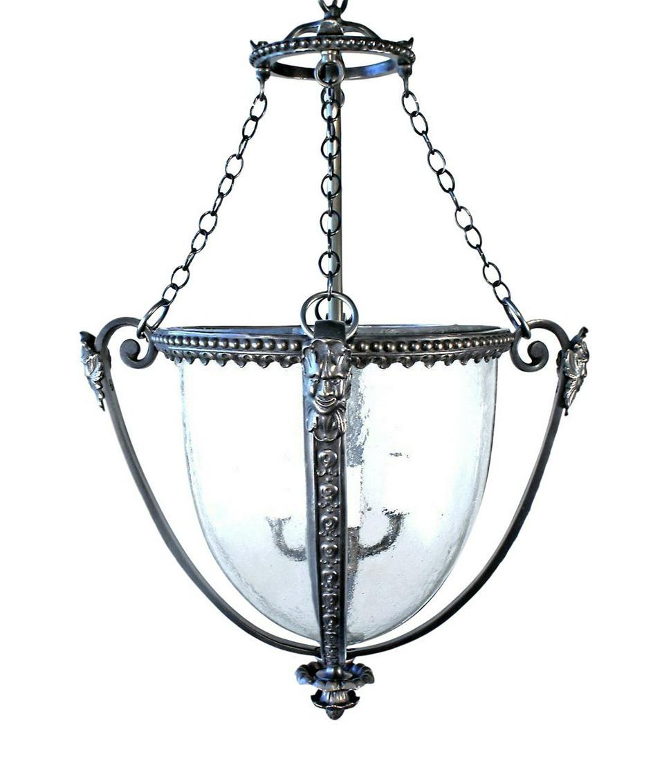 French Empire Bronze Hanging Lantern: Title: French Empire Bronze Hanging Lantern DIMENSIONS: 19"W × 19"D × 24"L STYLES: Empire, Medieval, Mediterranean PERIOD: 2010s ITEM TYPE: Vintage, Antique or Pre-owned MATERIALS: Glass, Lights CON