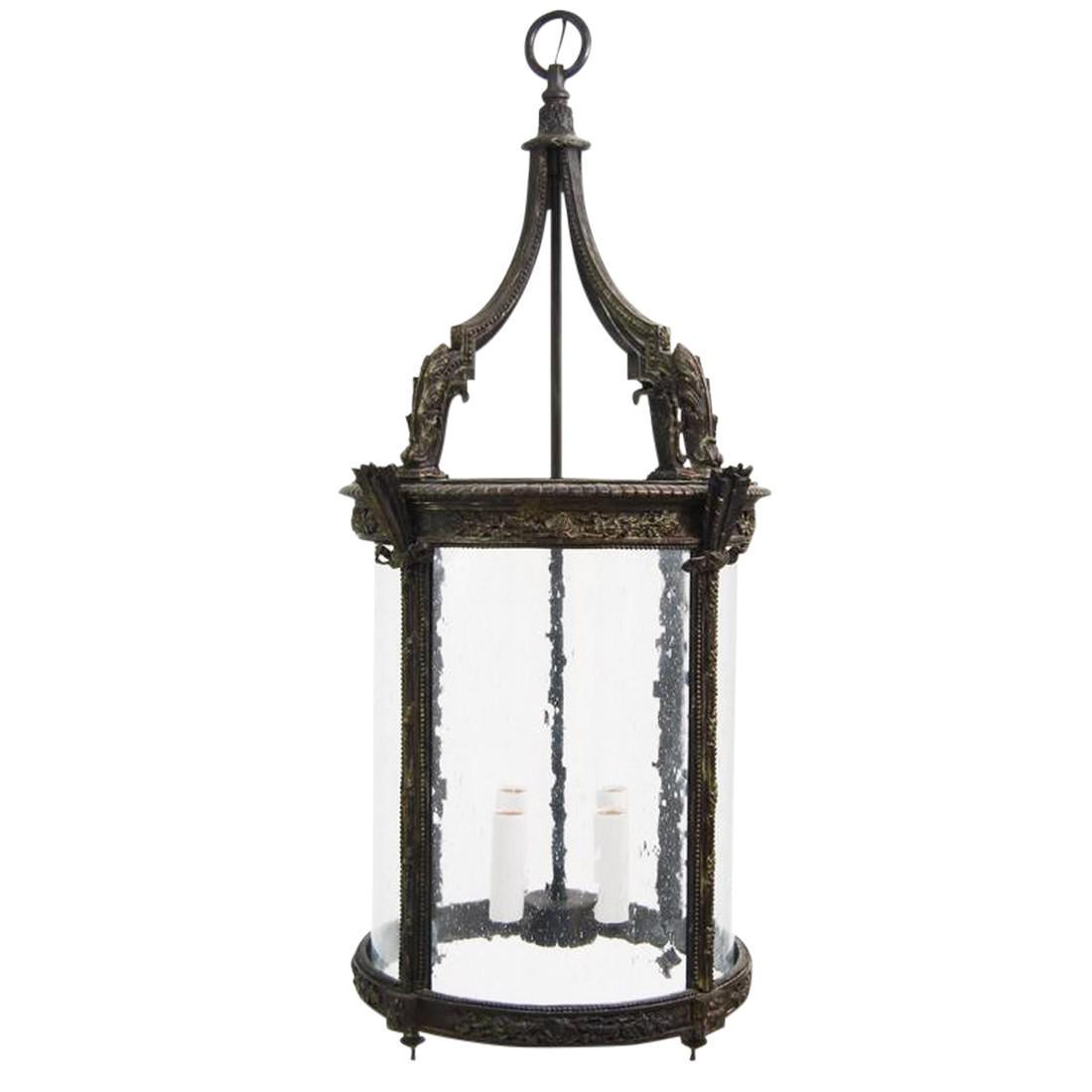 19th Century French Style Bronze Cast Achantus Leaf: Title: 19th Century French Style Bronze Cast Achantus Leaf Hanging Lantern DIMENSIONS: 16"W × 16"D × 37.5"L STYLES: English Traditional, Gothic, Religious PERIOD: 2010s ITEM TYPE: Vintage, Antique o