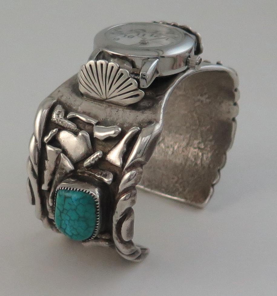 HEAVY Sterling Silver Turquoise Watch Bracelet (1 of 7)