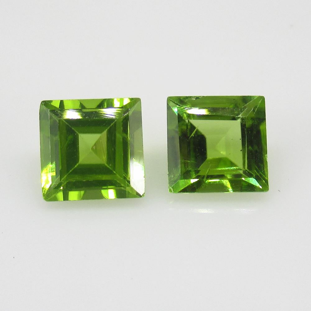 3.61 Ct Natural Pakistan Peridot Square Pair: Title: 3.61 Ct Natural Pakistan Peridot Square Pair Stone Clarity: VVS Gemstone: Natural Peridot Carat Weights: 3.61 Size/Dimensions:7.00 x 6.90 x 4.60 mm / 2 PC's Additional Info:Top Class Full Luste