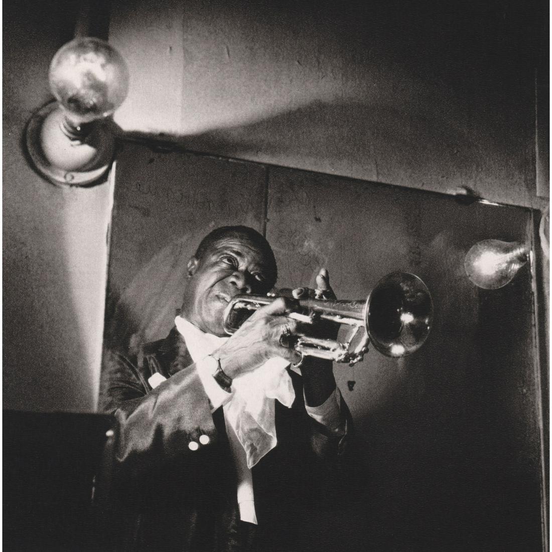 JEANLOUP SIEFF - Louis Armstrong, Paris 1955: Artist: JEANLOUP SIEFF Print Title: Louis Armstrong, Paris 1955 Medium: Sheet-Fed Gravure Printing Date: 1980's Printed in France Image Size: 6.5 x 6.5 inches Jeanloup Sieff (1933-2000) was a French p