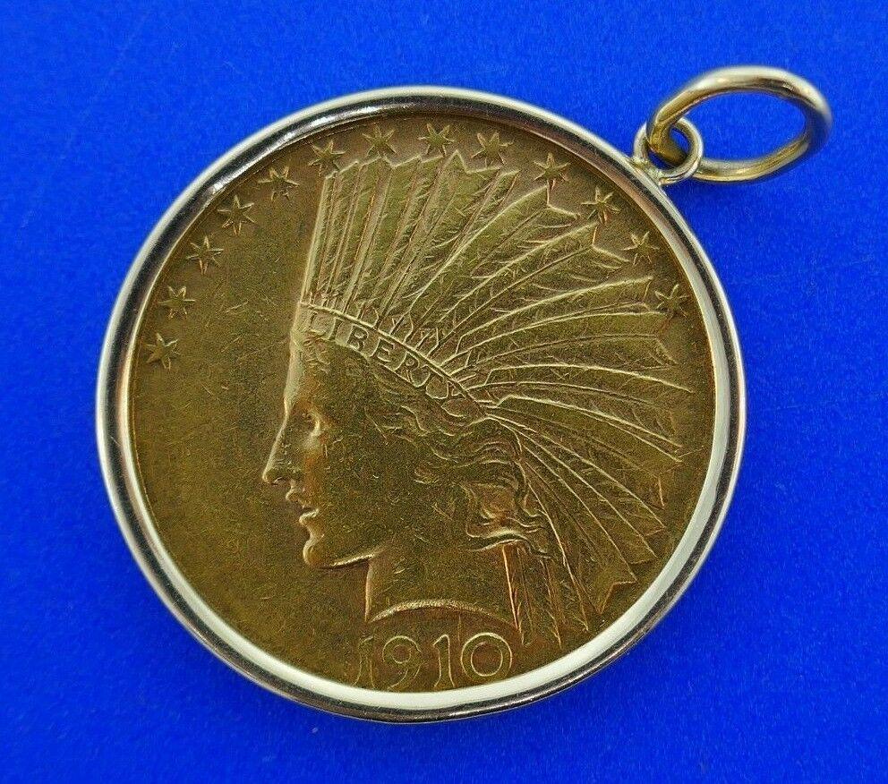 22K Yellow Gold American 10-Dollar Coin: NS ROO Antique (c. 1910) 22K yellow gold American 10-dollar coin pendant Diameter is 1 3/16 inches, the bail is 3/8 inch Weight: 18.4 grams In excellent condition; wear consistent with age and use (pl