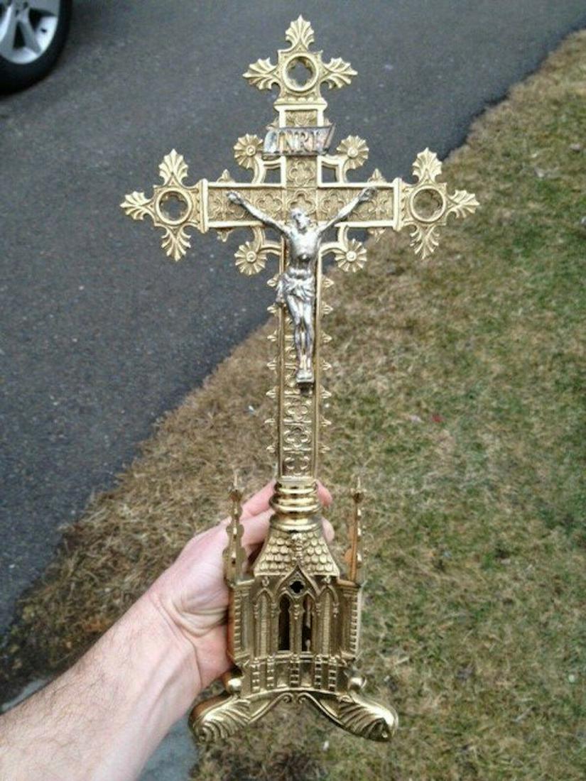 Traditional ornate French Altar Cross, 17 1/4" tall +: Traditional ornate French Altar Cross, 17 1/4" tall chalice & vestment co. This is a nice traditional altar cross as shown, 17 1/4" tall, solid brass polished and lacquered with silverplated Corpus & 