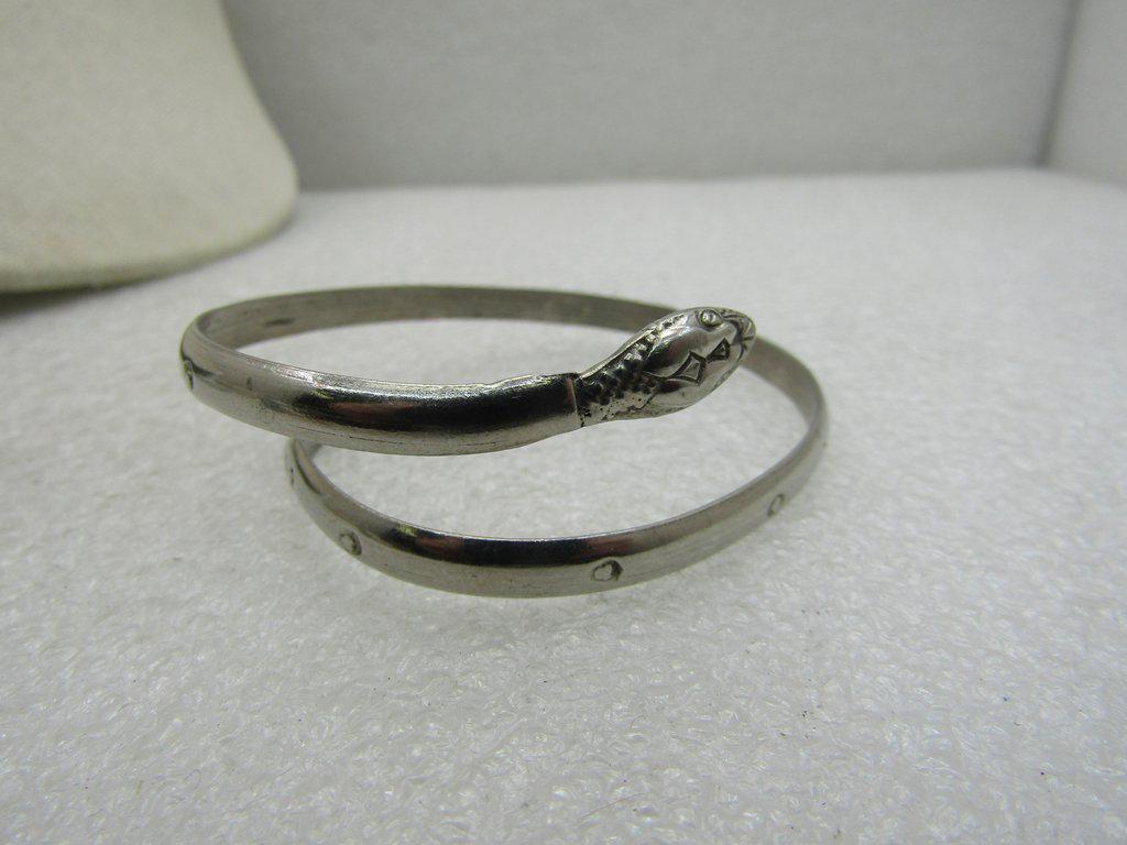 Vintage Mexican Alpaca Rattlesnake Cuff Bracelet,: Vintage Mexican Alpaca Rattlesnake Cuff Bracelet, Bypass, 7.25". Bypass bangle/cuff bracelet that is appx. 4.5mm wide with etched or stamped accents, one end is the head and the other the tail. The he