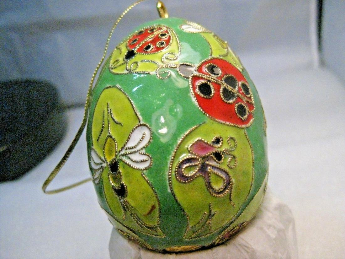 Cloisonne Champleve Lady Bug Bee Egg Ornament -: Cloisonne Lady , Bee & Butterfly Floral Egg Ornament - Champleve - it is 3" tall, including the gold tone ring cap on top - the the width of the egg at the middle is appx 2" - It has raised gold textu