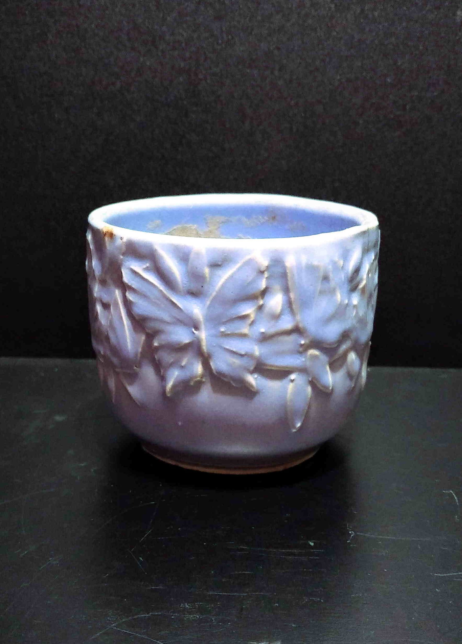 Nelson McCoy Matte Blue Butterfly Jardiniere Planter: Title: Nelson McCoy Matte Blue Butterfly Jardiniere Planter Pot Description: Made in USA, by Nelson McCoy Pottery. Marked "NM USA". Glazed with a matte pastel blue, butterfly and floral imagery. Small