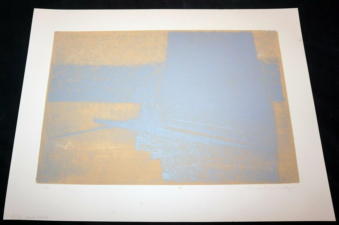 60s CA Print Pair-Oared Shell Bruce McCurdy: Up for sale from a recent estate of a well known collector here in Honolulu Hawaii, this 1960s California mixed media etching that is titled "The pair - Oared Shell" depicting a rowing boat under a br