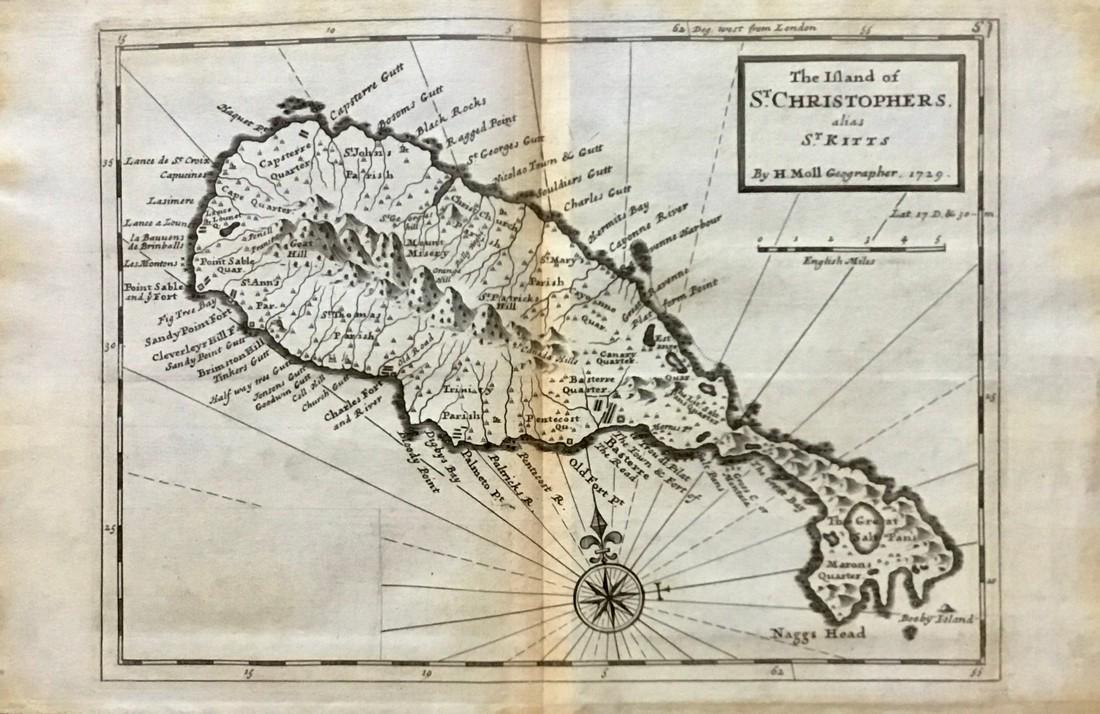 St. Christopher and St Kitts: Title: St. Christopher and St Kitts Date/Period: 1729-1736 Materials: Copperplate engraved. Dimensions: 13x9”. By. H. Moll. From. Atlas minor. Published. London. Reserve: $110.00 Shipping: Domestic: