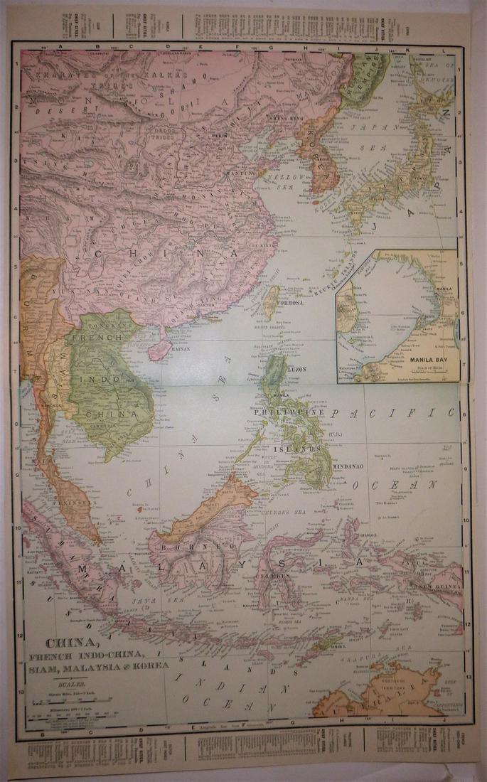 China, French Indo-China, Korea 1900: Title/Content of Map: China, French Indo-China, Korea 1900 Date Printed: 1900 Material/Medium: paper Size: approx. 10.5x 13.5 inches Philadelphia Public Record Unrivaled Atlas of the World, Publ. by R