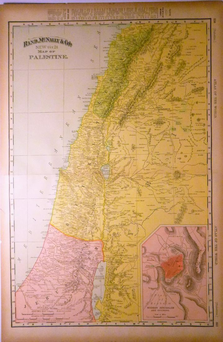 Palestine 1896: Title/Content of Map: Palestine 1896 Date Printed: 1896 Material/Medium: Paper Size: 14x21 inches Rand McNally & Co. Universal Atlas of the World Reserve: $25.00 Shipping: Domestic: Flat-rate of $15.