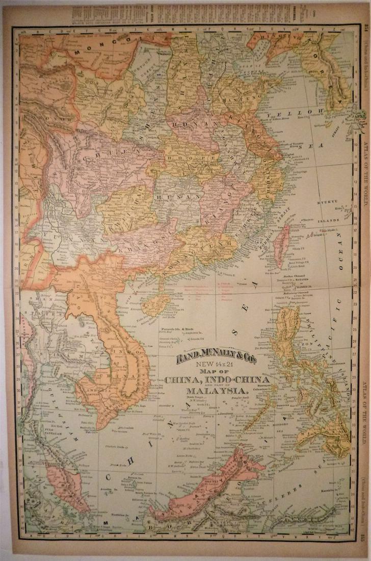 China Indo-China Malaysia 1896: Title/Content of Map: China Indo-China Malaysia 1896 Date Printed: 1896 Material/Medium: Paper Size: Approx. 14x21 inches Rand McNally & Co. Universal Atlas of the World Reserve: $30.00 Shipping: Dom