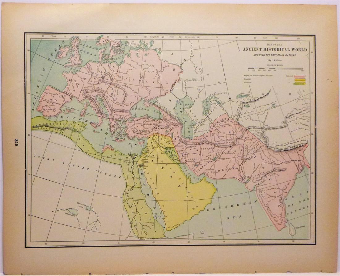 Caucasian Nations In the Ancient World 1897: Title/Content of Map: Caucasian Nations In the Ancient World 1897 Date Printed: 1897 Cartographer: I.S. Clare Material/Medium: paper Size: Approx. 11x14.5 inches Cram's Universal Atlas Geographical, A