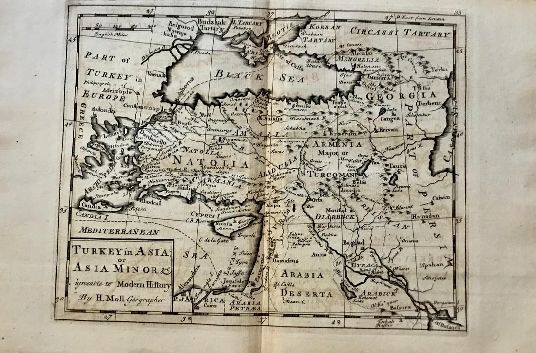 Turkey. With Syria. Armenia, Iraq.: Title: Turkey. With Syria. Armenia, Iraq. Date/Period: 1729-1736 Materials: Copperplate engraved. Dimensions: 13 1/2 x 9 “ By. H. Moll. From. Atlas minor. Published. London. Reserve: $90.00 Shipping