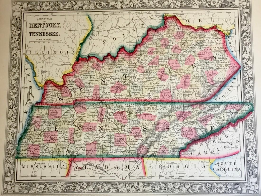 Kentucky & Tennessee: Title: Kentucky & Tennessee Date/Period: 1862 Materials: engraved map Dimensions: 15 1/2” x 12 1/2” By Augustus S. Mitchell. Hand colored engraved map. From ‘the New General Atlas’. Published 