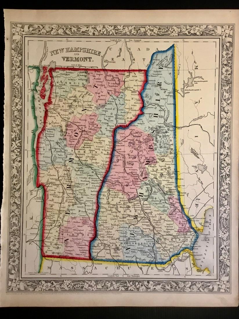 Vermont & New Hampshire: Title: Vermont & New Hampshire Date/Period: 1862 Materials: steel engraved Dimensions: 15 1/2” x 12 1/2” By Augustus S. Mitchell. Hand colored engraved map. From ‘the New General Atlas’. Publi