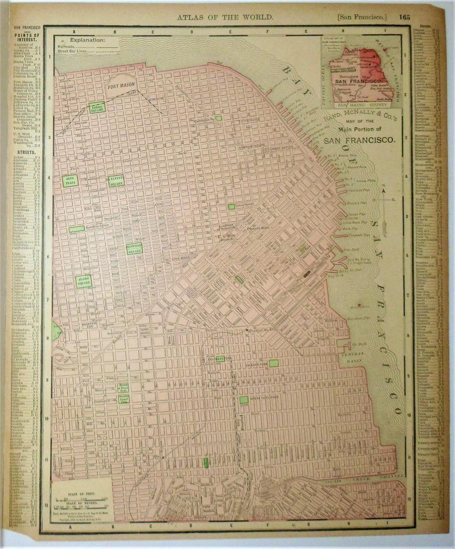 San Francisco 1896: Title/Content of Map: San Francisco 1896 Date Printed: 1896 Material/Medium: paper Size: approx. 11x 13.5 inches Rand McNally & Co. Universal Atlas of the World Reserve: $20.00 Shipping: Domestic: Fl