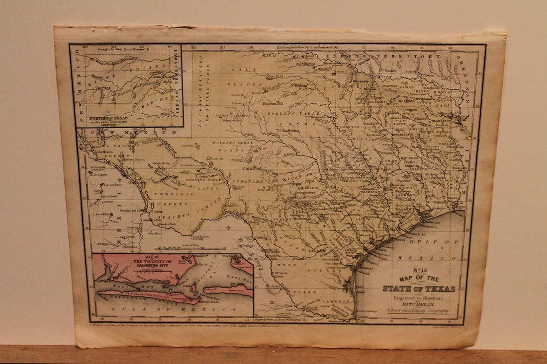 1852 Map of Texas: Title: 1852 Map of Texas Author: Mitchell Medium: Ink on Paper Dimensions: 12"X9.5" Map of Texas dated 1852. Engaved by Augustus Mitchell. Part of Mitchell's School & Family Geography, published by E.