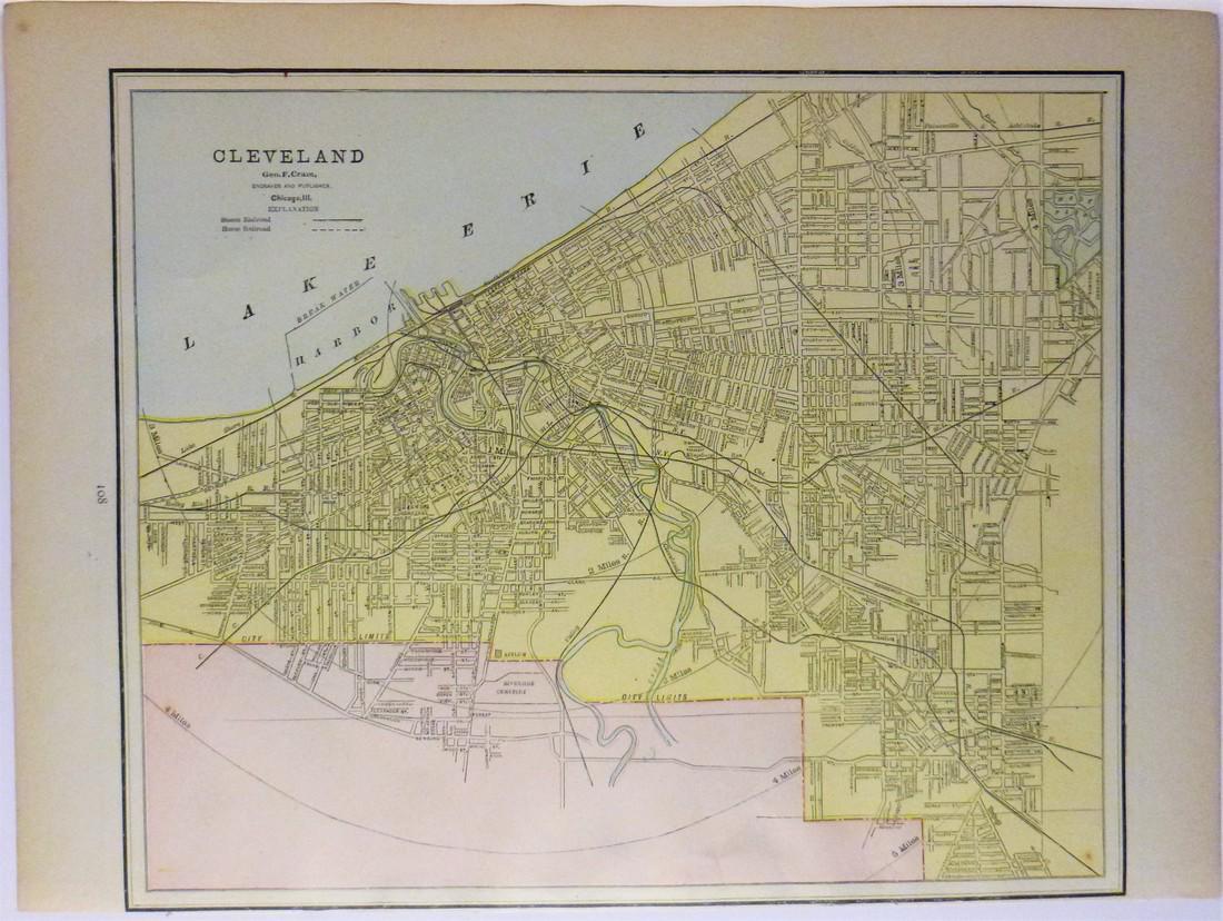 Cleveland1889: Title/Content of Map: Cleveland1889 Date Printed: 1889 Material/Medium: paper Size: Approx. 14.5x10.5 inches Cram's Unrivaled Atlas of the World. W.H. Stewart Publisher, Rochester NY Reserve: $20.00 S