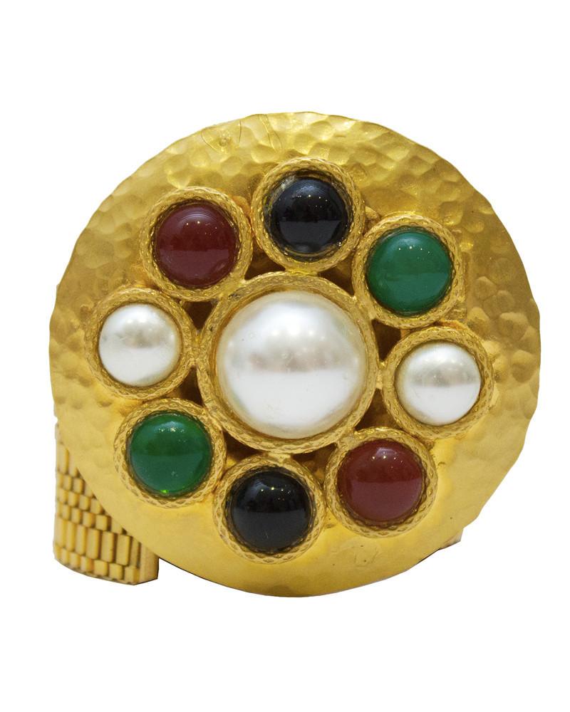 Anonymous Chanel Inspired Gold Mesh Belt with Poured: Chanel inspired gold mesh belt with a faux pearl and poured glass buckle from the 1980's. The wide mesh belt sits at the natural waist or the hips and the round hammered detail buckle is adorned with