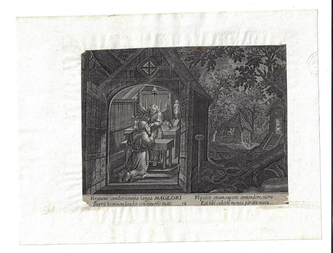 1600 Sadeler Engraving of Hermit Maglori: Engraving of Raphael Sadeler (1560-1632) and Maarten de Vos (1532-1603) of the hermit Maglori, 1600, from "Oraculum Anachoreticum". Mounted to paper, Fine, the engraving measures 8.25 x 7". Reserve: $