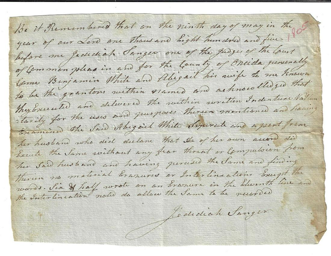 1805 Legal Document New York Jedediah Sanger (1 of 2)