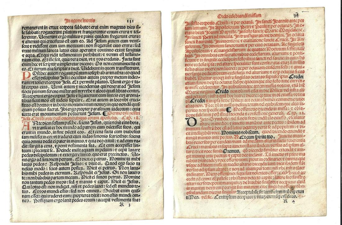 1567 Catholic Missal Prayer Leaves: Two Catholic prayer leaves printed at Venice in 1567 from “Sacerdotal ad Consuetudinem Sacro Sancte..”. In red and black . Fine. Measures 6.25 x 8.5”. Reserve: $30.00 Shipping: Domestic: Flat-ra