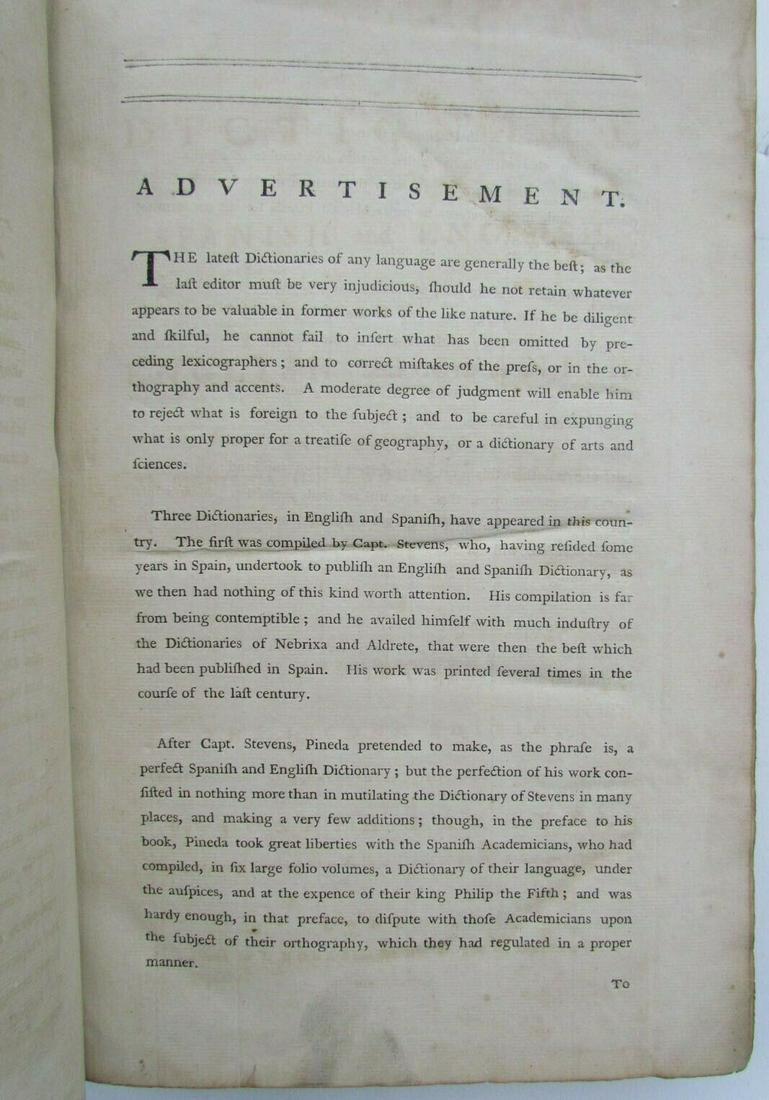 1778 SPANISH ENGLISH DICTIONARY ANTIQUE LEATHER BOUND: Dictionary, Spanish and English, and English and Spanish. By Joseph Baretti. Second edition, J. Bourse, London. 1778. Hardcover. Size 9 1/4 x 14 inches. Not paginated. Name stamped at bottom of title 