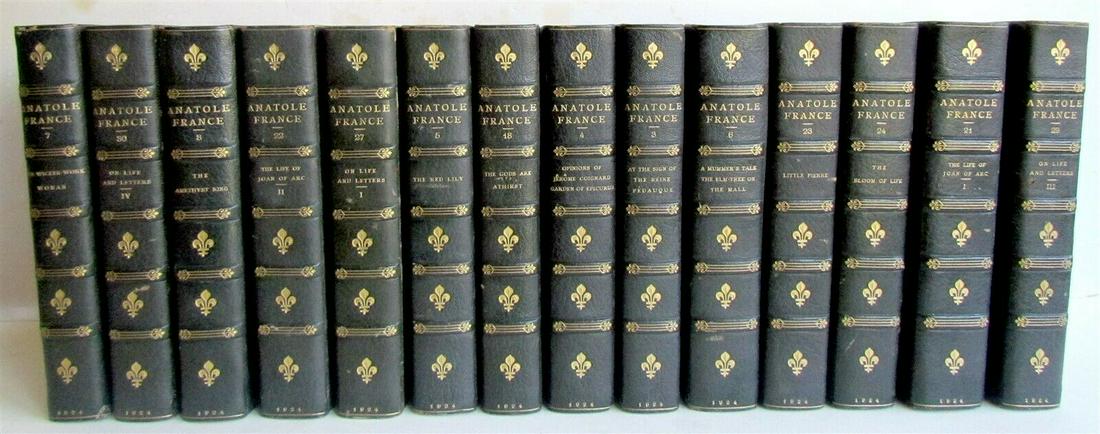 DECORATIVE BINDING 14 VOLUMES 1924 ANATOLE FRANCE: Printed in New York. Good condition except 4 volumes with some dampstain in the beginning of the books. Gilt upper edge. Size 6 by 9" Incomplete set. PA residents please add sales tax. Please see my o
