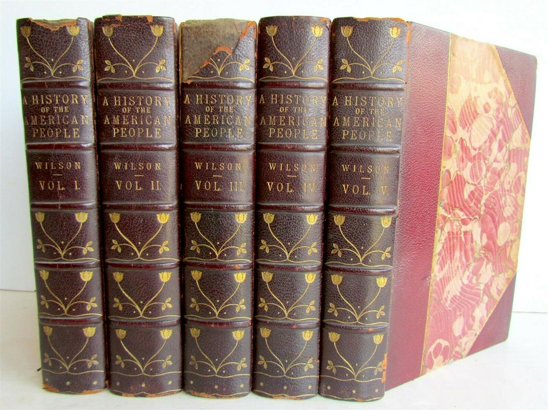 HISTORY OF AMERICAN PEOPLE by WOODROW WILSON 5 VOLUMES: Size 6.5 by 9" Very good condition of pages, some wear of bindings (with damage to the spine of volume III). All bindings are firmly attached. Complete. ILLUSTRATED Please see my other auctions Reserv