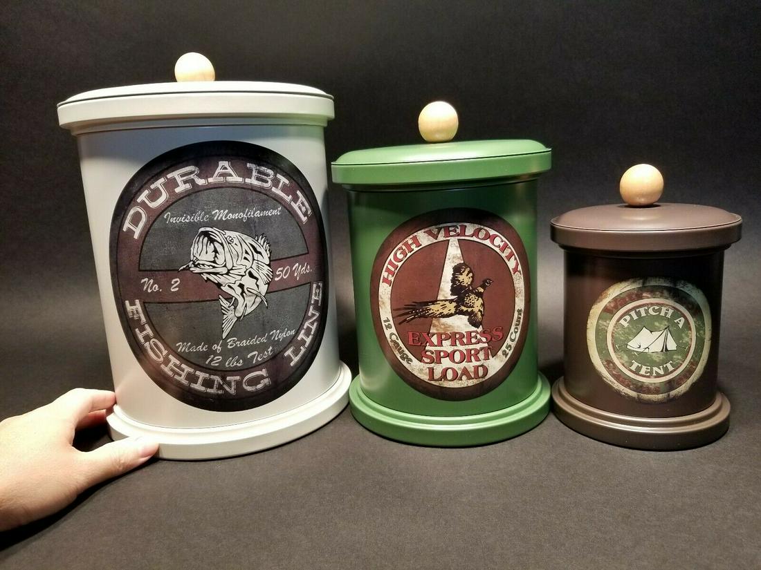 Set of 3 Advertising Tin Box Fishing Hunting Storage: The large tin is 12" tall x 8 1/2" wide The middle size is 10" tall x 7" wide The small tin is 8" tall x 5 1/4" Great set of reproduction food tins! These are labeled as food safe. Be sure to see the 
