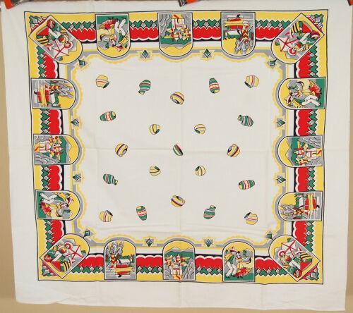 Vintage 40's Souvenir Tablecloth: This vintage cotton red, green, yellow, gray, black and white souvenir tablecloth is in excellent condition, with a couple of small, faint age spots and no wear. It measures 48" X 51" and features pot
