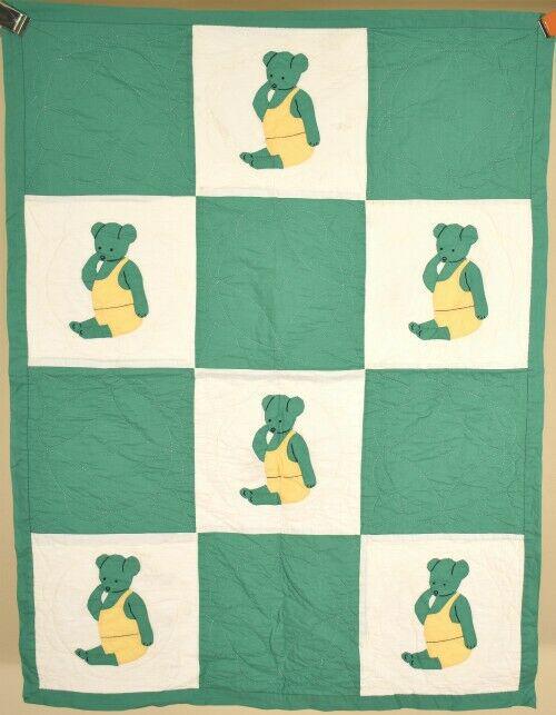 Vintage 30s Teddy Bear Applique Antique Crib Quilt (1 of 5)
