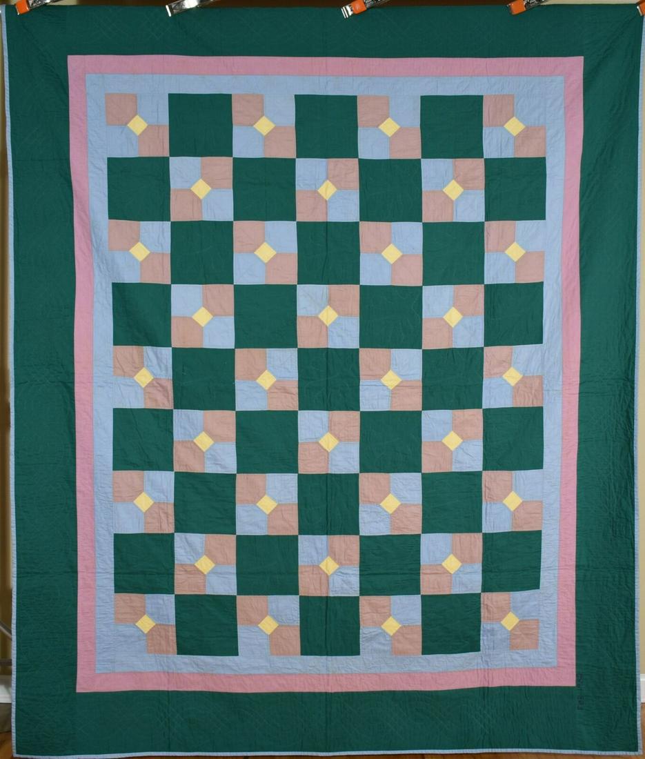 Ohio AUTHENTIC Amish Antique Bow Ties Quilt: This 100% cotton Holmes County, Ohio Amish bow ties quilt is hand pieced and hand quilted, with the date "Feb. 1952" hand embroidered in the background. It measures 76" X 92" and is in excellent, neve