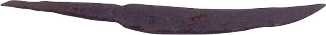 CELTIC SIDE KNIFE OR POUCH KNIFE 450-100 BC.: About 3 3/4” total length. Forged iron with the characteristic curved back, wedge section blade. They are slashing knives capable of cutting a man’s throat to the spine. As with the Vikings after 