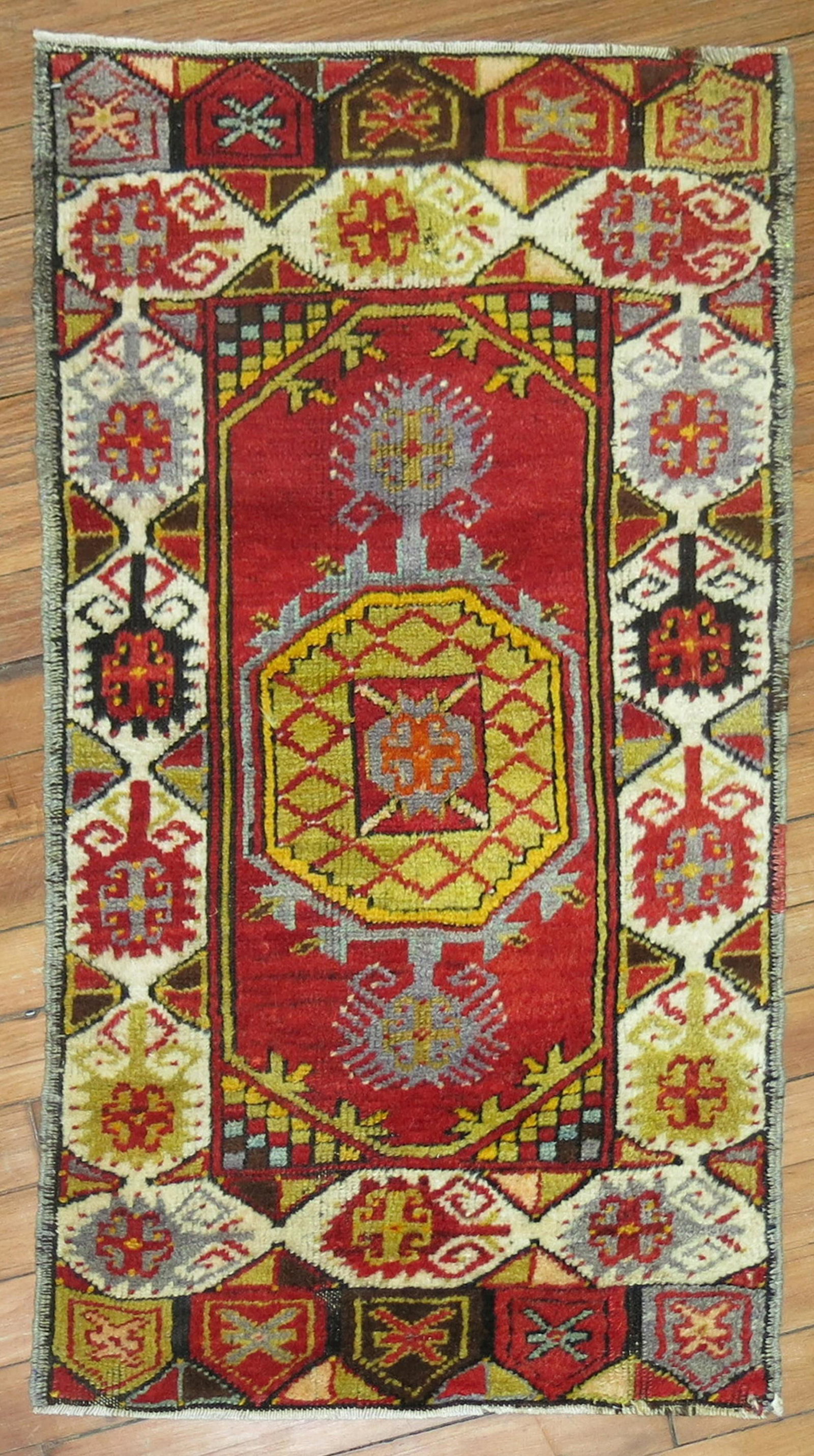 Antique Turkish Yastik: New Description Mid 20th century Colorful Turkish Yastik Details rug no. y1277 size 1' 9" x 3' (53 x 91 cm) rug type T