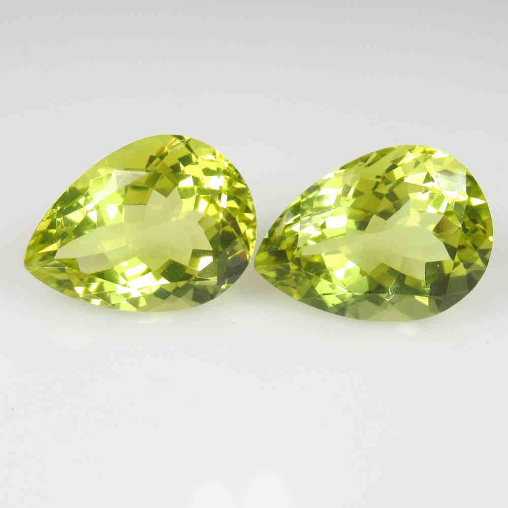 Natural Lemon Quartz Pair - 17.27 Ct: Title: Natural Lemon Quartz Pair - 17.27 Ct Origin: Brazil Weight: 17.27 Size/Dimensions: 16.20 x 12.00 x 8.40 mm Additional Information: Pieces : 2 No's / Shape : Pear Cut / Color : Yellowish Green /