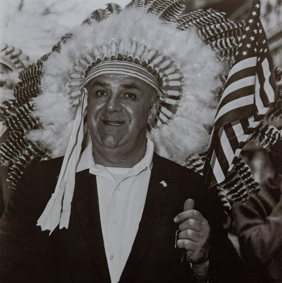 Diane Arbus, Man In Indian Headress, NYC, 1969: Artist: Diane Arbus Title: Man In Indian Headress, NYC, 1969 Medium: Photo Litho, 1972, USA Dimensions: 8.45x8.45" Additional Information: Heat Wax Mounted on 11x14" Conservation Board Artist Bio: Dia