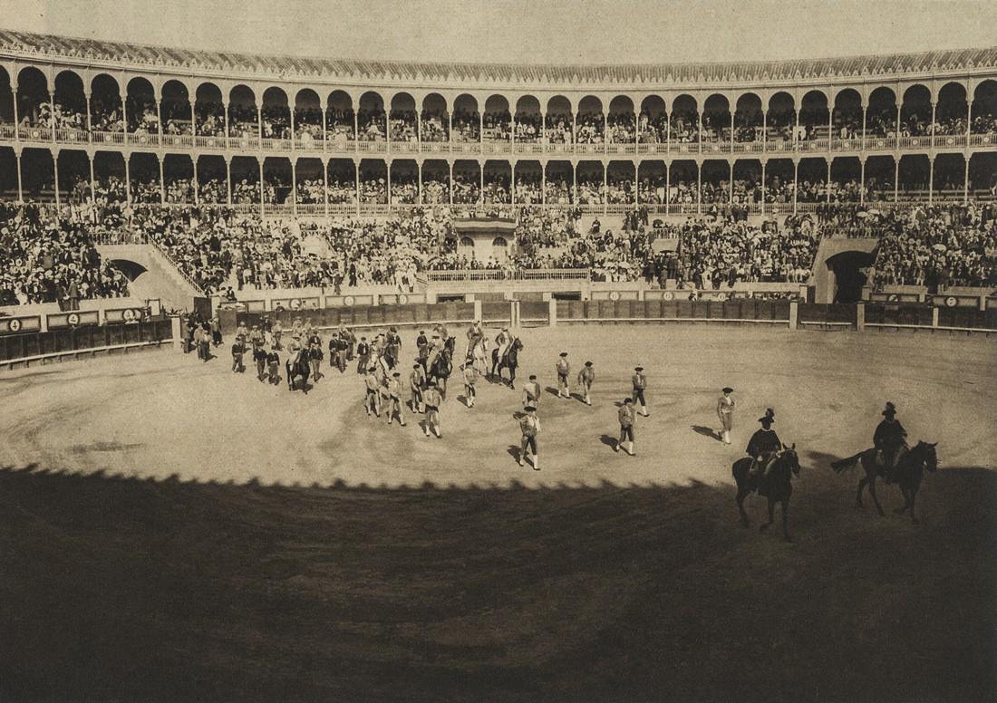 Kurt Hielscher, Entrance of the Bullfighters, Madrid: Artist: Kurt Hielscher Title: Entrance of the Bullfighters, Madrid Arena Medium: Sheet Fed Gravure, 1925, Germany Dimensions: 8.3x5.9" Additional Information: Heat Wax Mounted on 12x16" Conservation B