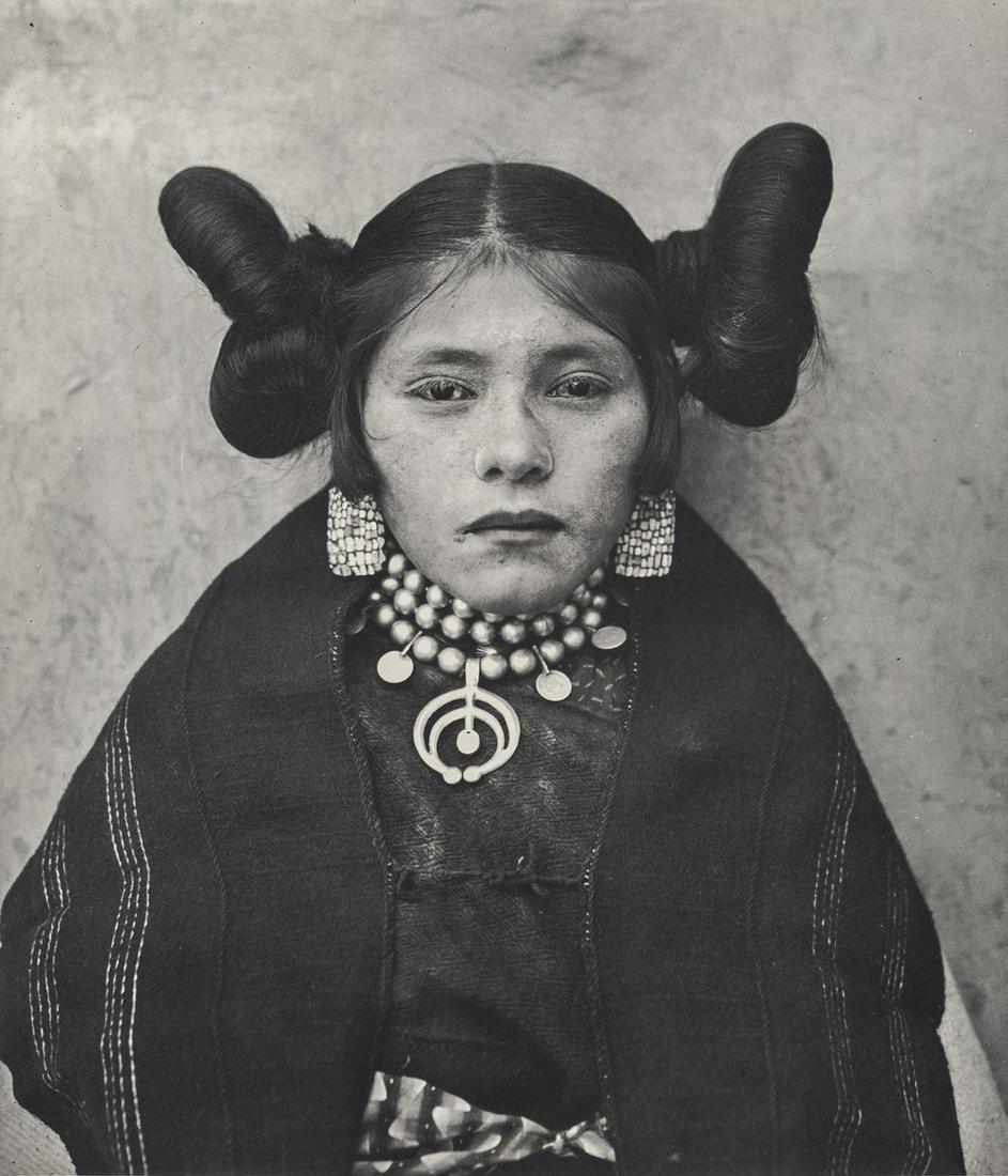 Adam Clark Vroman, Hopi Maiden, Squash Blossom Hairdo: Artist: Adam Clark Vroman Title: Hopi Maiden with Squash Blossom Hairdo, 1901 Medium: Photo Litho, 1961, USA Dimensions: 6.25x7.25" Additional Information: Heat Wax Mounted on 11x14" Conservation Boar