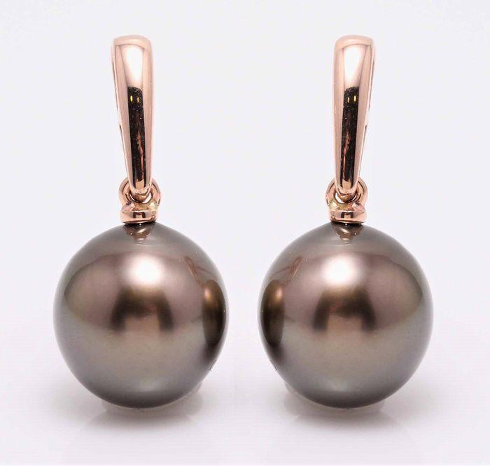 14 kt. Rose Gold - 9x10mm Peacock Tahitian Pearl Drops: Emerging from the tropical lagoons of French Polynesia, these Tahitian pearls have been hand selected for these earrings as their natural special pistachio green colour comes to life combined with the