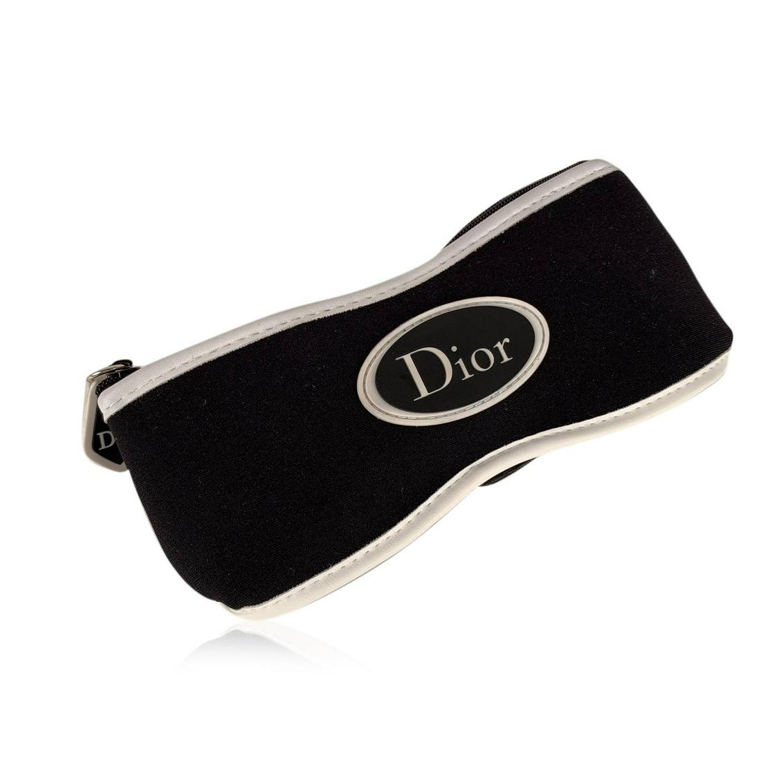 Christian Dior Vintage Black White Logo Sunglasses: Christian Dior black and white ssunglasses soft case with zip closure on top. Elasticated strap on a side with Dior signature. Dior Logo patch on the front. Signed cleaning cloth inside. Details MATER