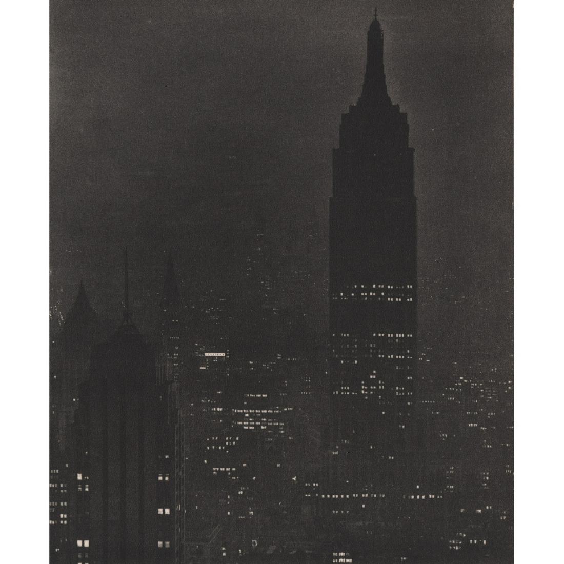 ANDREAS FEININGER - New York Dim-out: Artist: ANDREAS FEININGER Print Title: New York Dim-out Medium: Sheet-fed gravure Printing Date: 1940's Printed in the USA Image Size approx: 7.25 x 6 inches Andreas Bernhard Lyonel Feininger (1906-19