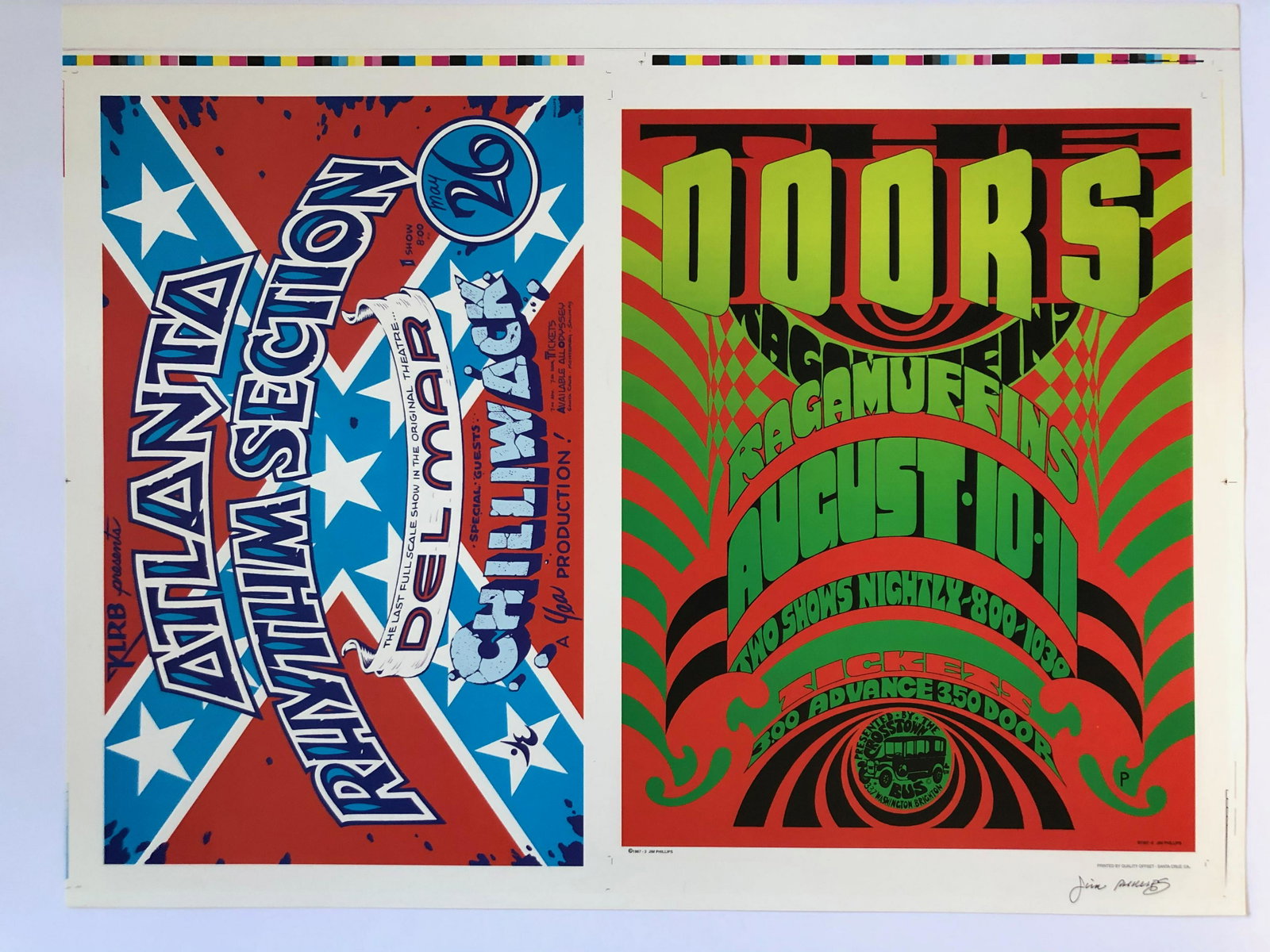 DOORS / ARS UNCUT SIGNED PROOF: THis uncut reissued proof with Art by Jim Phillips features Atlanta Rhythm Section, at Del Mar and the DOORS at the Crosstown Bus. Reserve: $75.00 Shipping: Domestic: Flat-rate of $12.69 to anywhere w