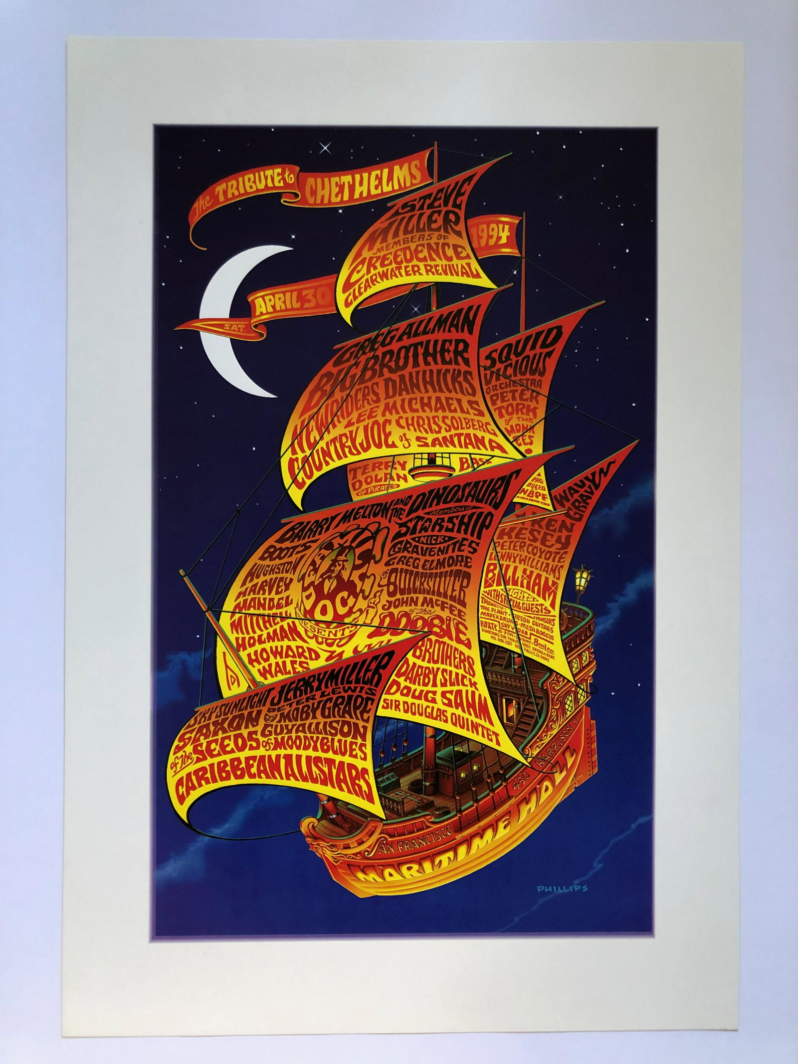 CHET HELMS TRIBUTE POSTER: CHET HELMS TRIBUTE POSTER with art by Jim Phillips. 1994 withmusic by Steve Miller, CCR, Gregg Allman, Big Brother, New Riders, Lee Michaels, Country Joe, Peter Tork, Dinosaurs, Starship, Quicksilver,