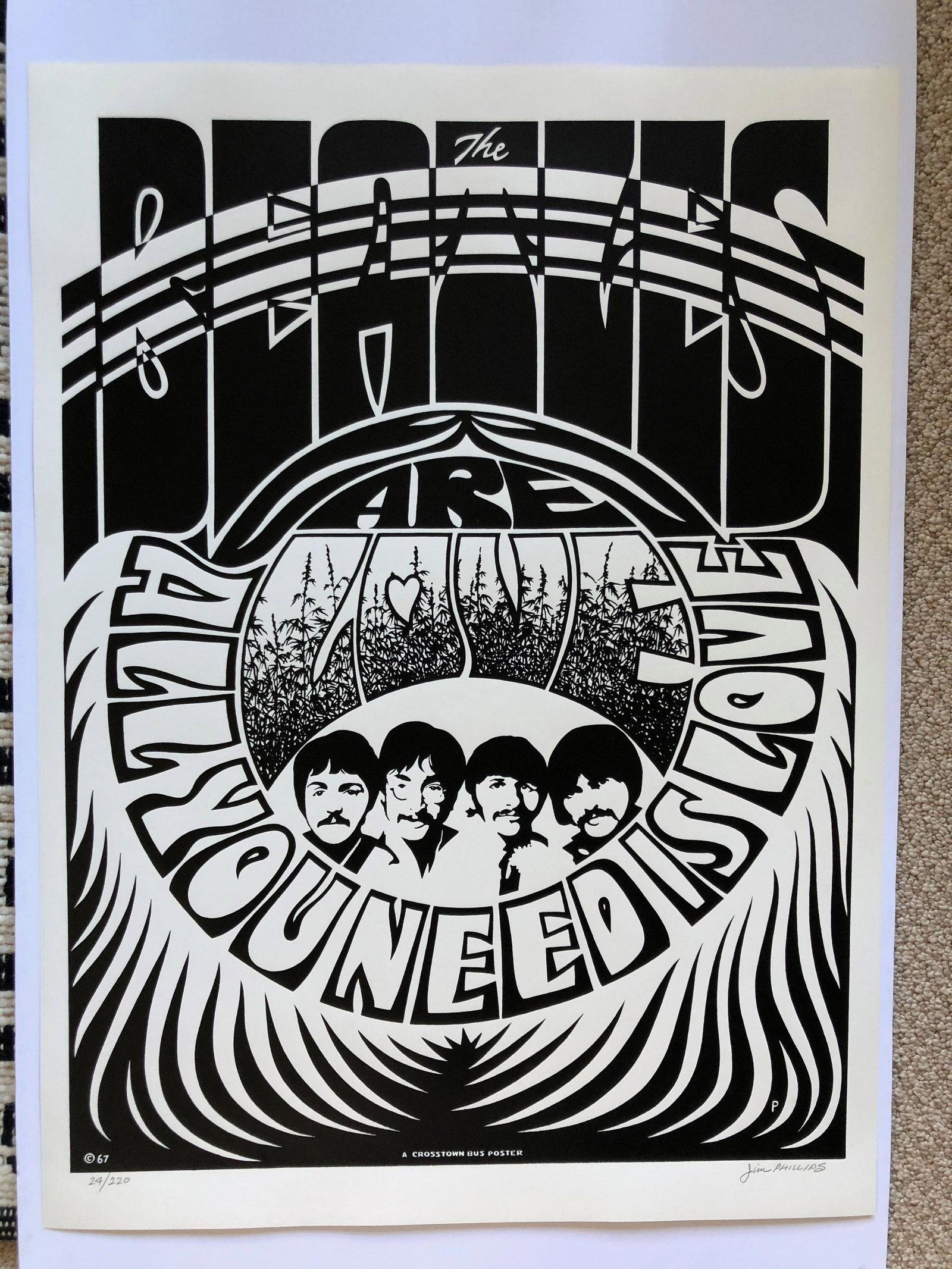 BEALTES SCREEN - Jim Phillips Signed and Numbered: BEALTES SCREEN - Jim Phillips Signed and Numbered. THe Beatles are love - All you need is love screen print. Signed by Jim Phillips. Numbered. Reserve: $70.00 Shipping: Domestic: Flat-rate of $12.69 t