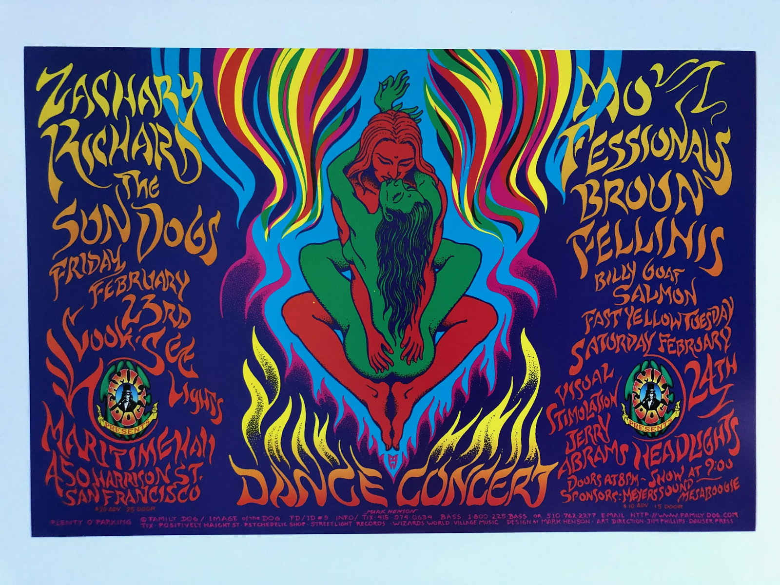Zachary Richard, The Sundogs: Stunning poster art for Zachary Richard, The Sundogs, Look See Lights, February 23 - Mo'fessionals, Billy Goat, Salmon, Fast Yellow Tuesday, February 24, 1996, Maritime Hall, San Francisco. Art by Jim