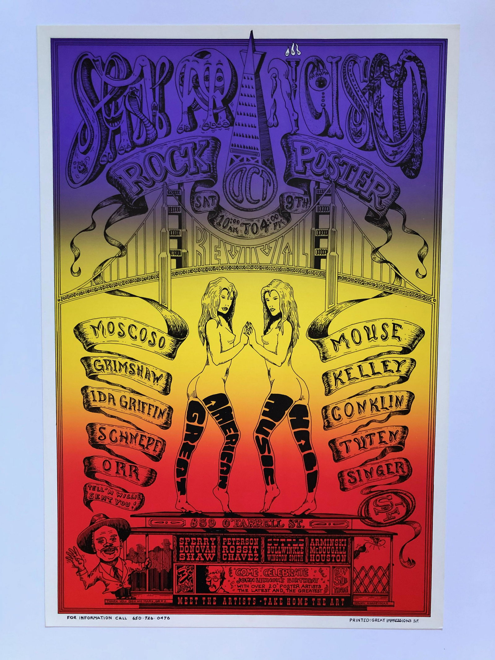 SF Rock Poster Revival: SF Rock Poster Revival. Grear American Music Hall Oct.9,1999 Poster by Jonathan Honneyman. Purple to Red variant. First Pressing. 13 x 19 Reserve: $20.00 Shipping: Domestic: Flat-rate of $12.69 to any