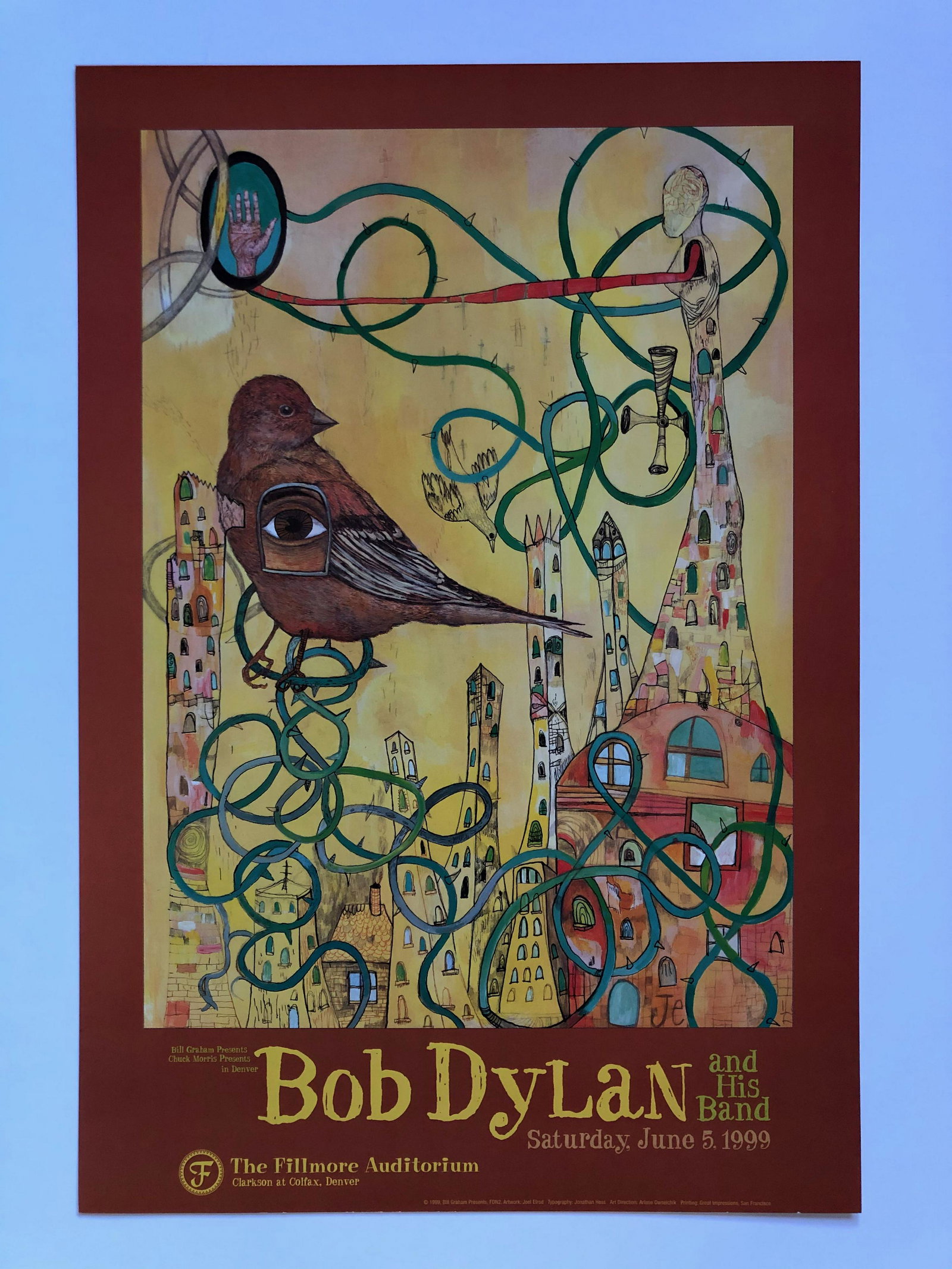 BOB DYLAN and HIS BAND at FILLMORE: BOB DYLAN and HIS BAND at FILLMORE. 1999 FDN2. Art by Joel Elrod. Art Direction by Arlene Owseichik Reserve: $25.00 Shipping: Domestic: Flat-rate of $12.69 to anywhere within the contiguous U.S. Inter